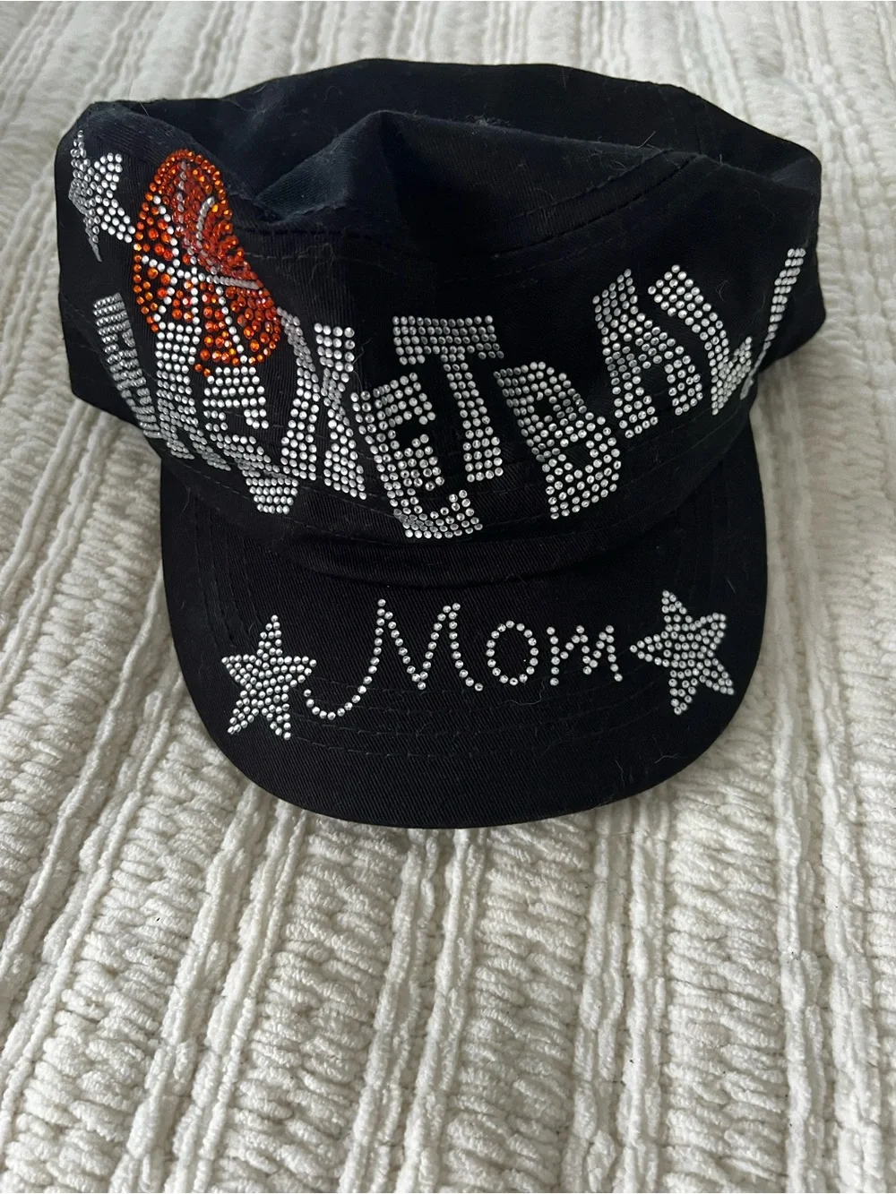 Mom Rhinestone Black Baseball Cap with Orange Accent
